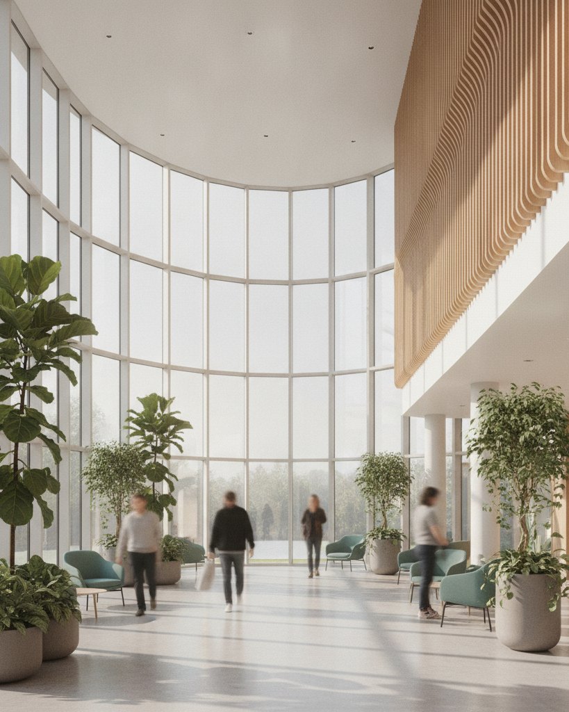 Calm, light-filled modern hospital atrium